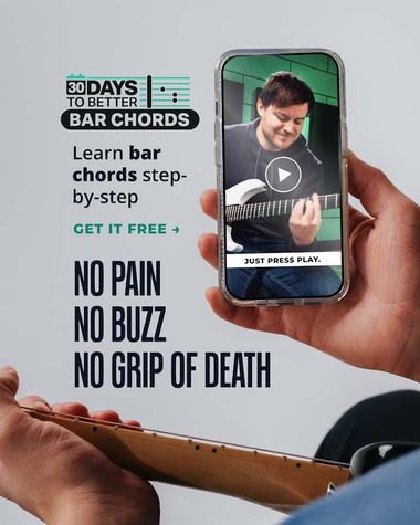 Guitareo static ad: a phone held in frame, headline reading No pain, no buzz