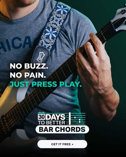 Guitareo static ad: close crop of a guitarist, headline reading No buzz, no pain